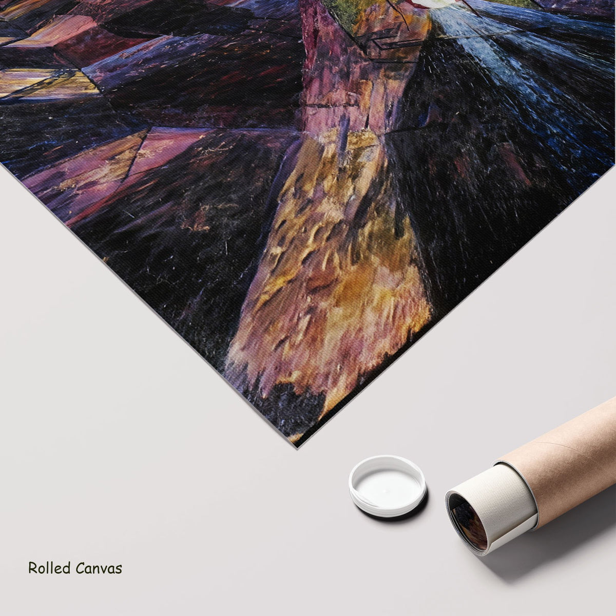The Forces of a Street by Umberto Boccioni as a large rolled purple and black Futurist canvas print