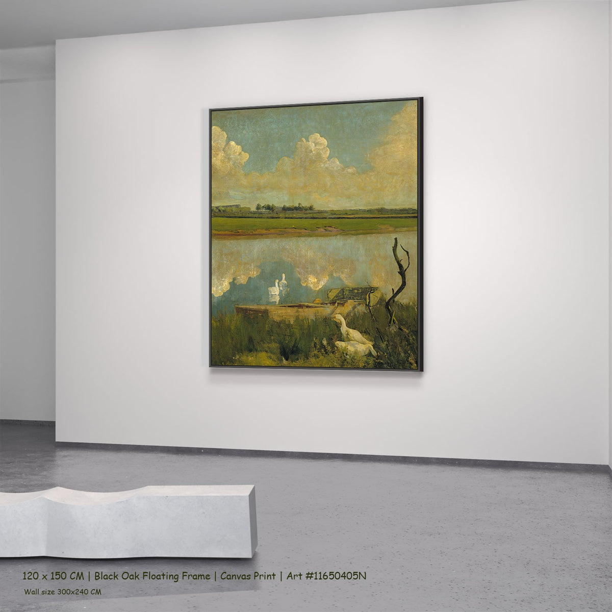 Geese on the Leie by Valerius de Saedeleer in a black oak floating frame, large green and yellow Landscape canvas