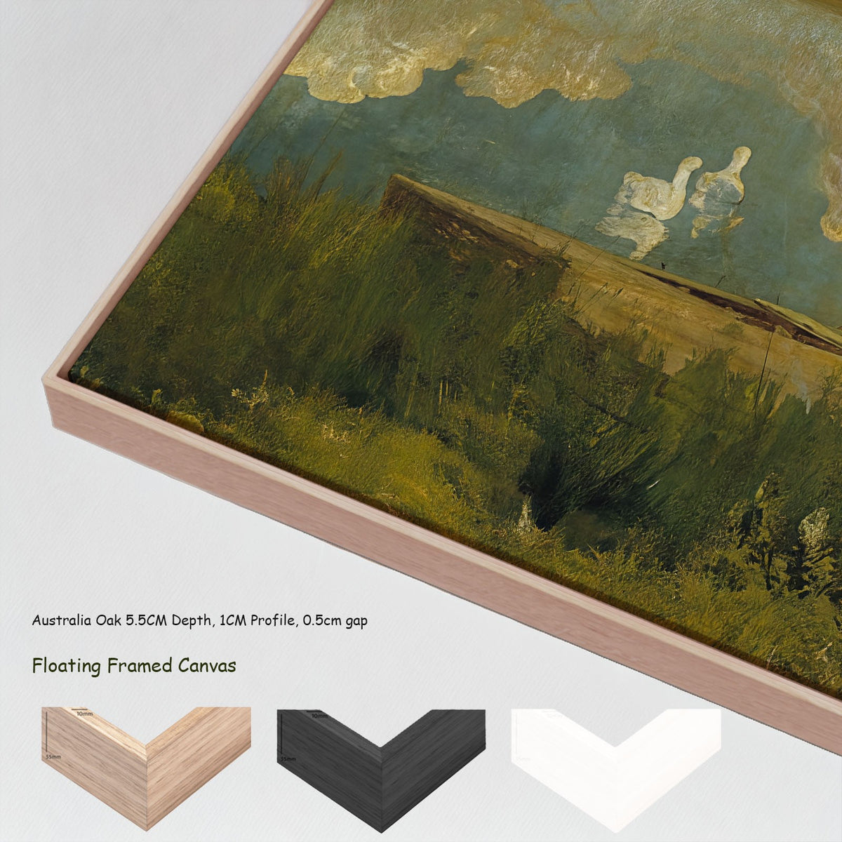 Geese on the Leie by Valerius de Saedeleer in a floating frame, large green and yellow Landscape canvas print