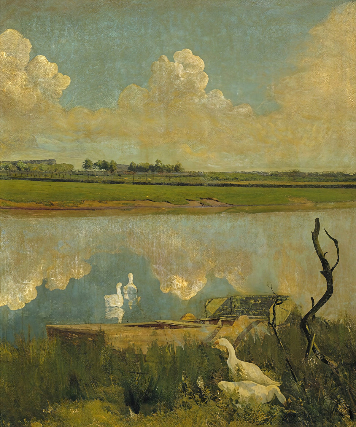 Large green and yellow Landscape canvas print of Geese on the Leie by Valerius de Saedeleer