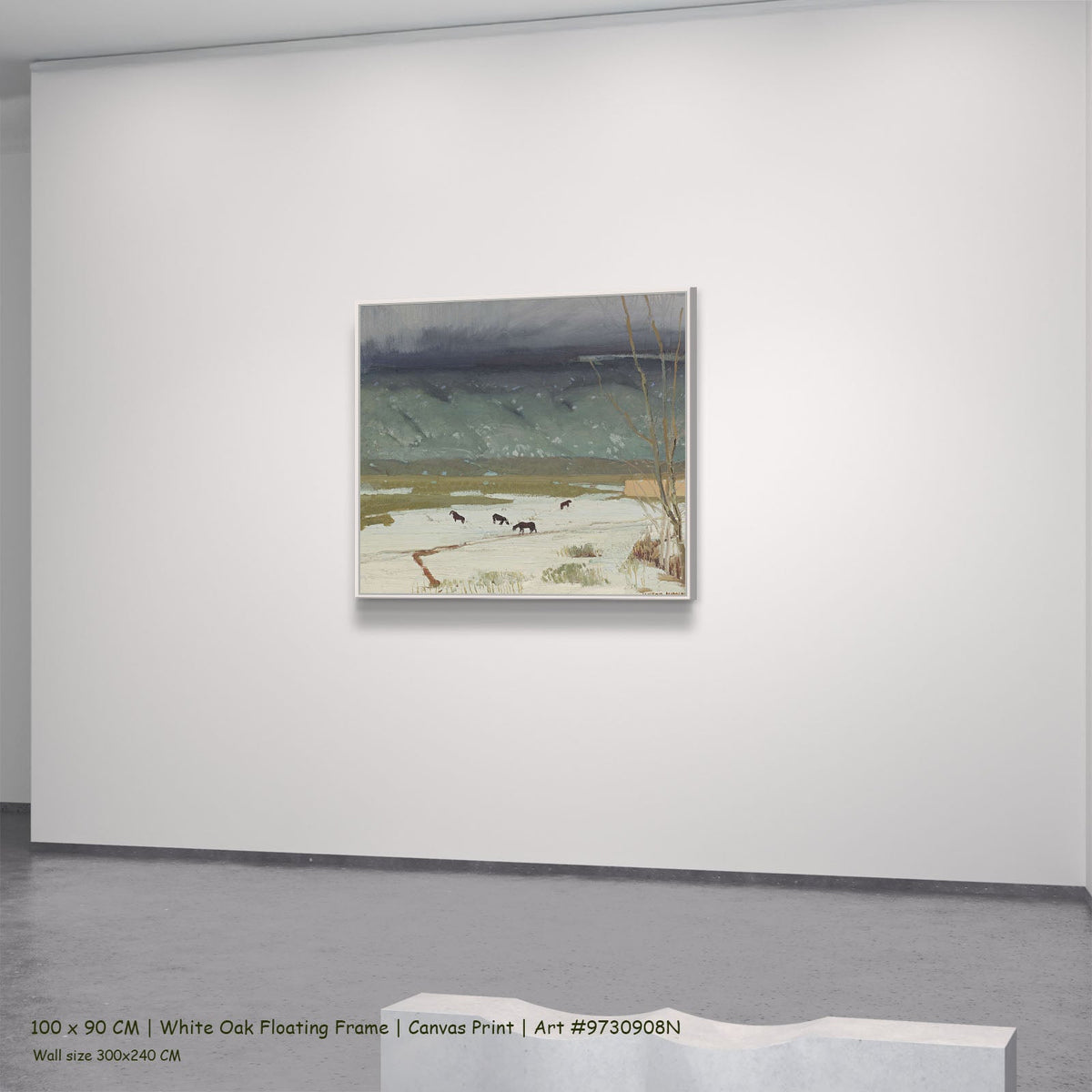 Grazing Horses in Melting Snow by Victor Higgins in a white oak floating frame, large green and grey Landscape canvas