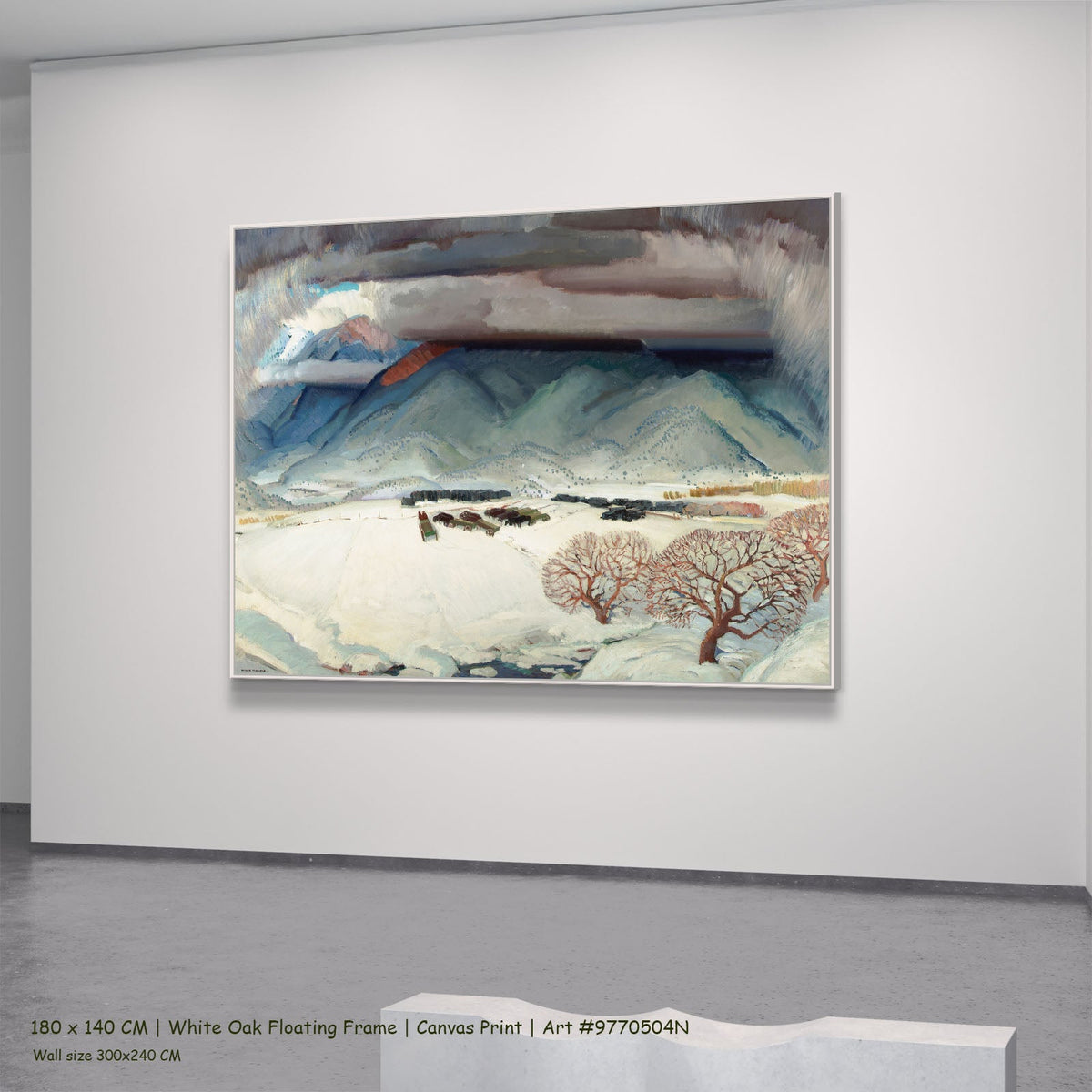 Winter Funeral by Victor Higgins in a white oak floating frame, large blue and grey Landscape canvas