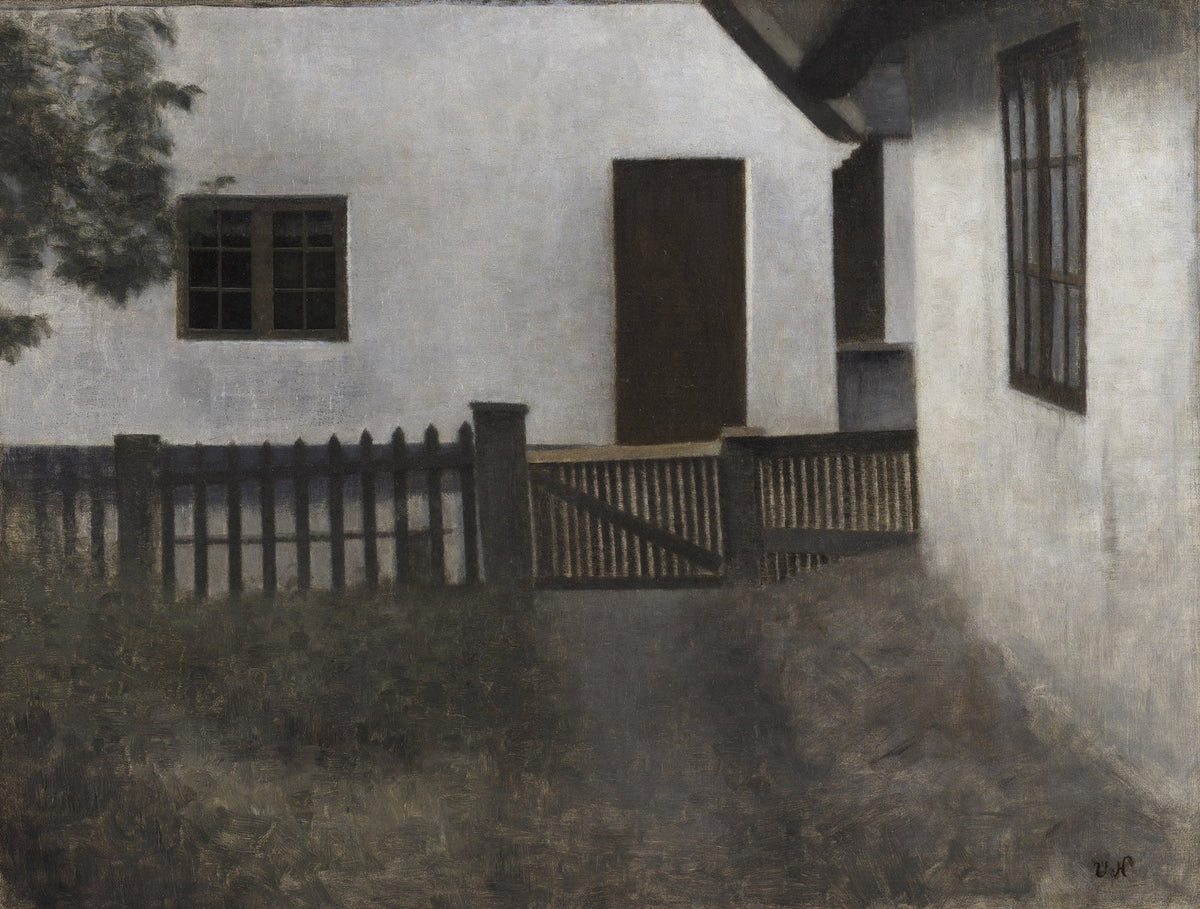 Large brown and olive Symbolist canvas print of Husgavle. Frederiksværk. Sommer. by Vilhelm Hammershoi