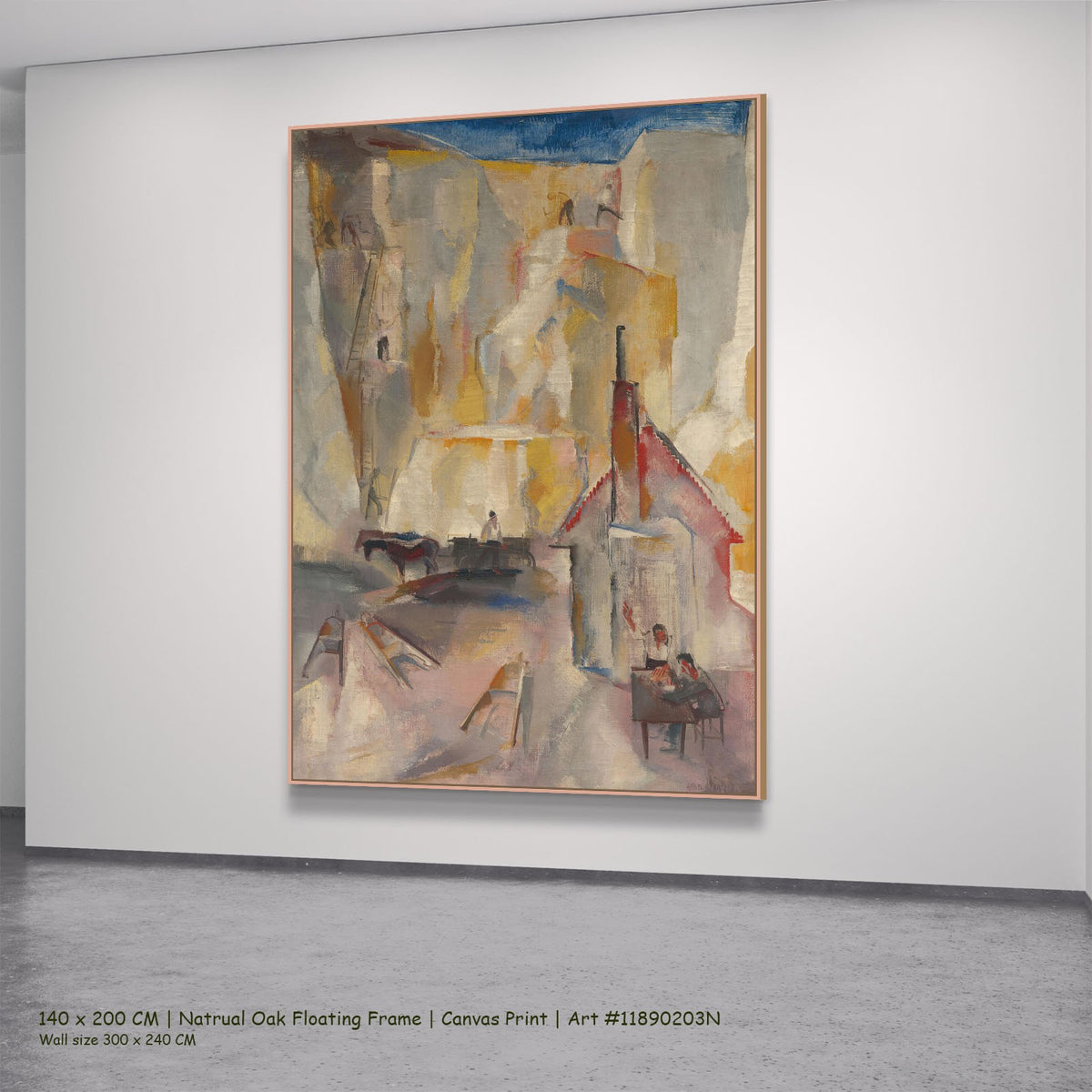Quarry by Vilmos Aba-Novák in a natural oak floating frame, large gold and pink Modernist canvas