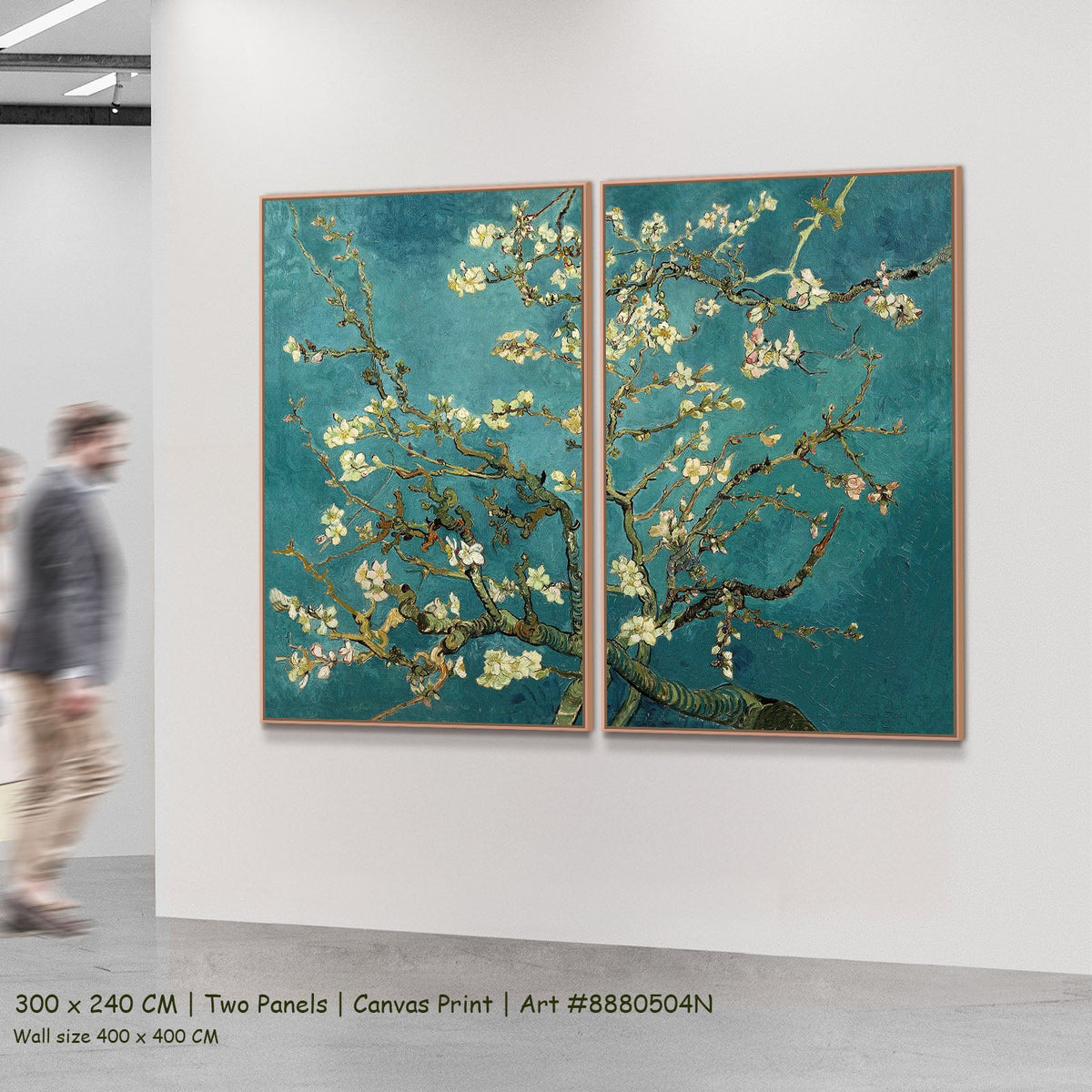Almond Blossom by Vincent van Gogh as a large two-panel aqua and white Impressionist canvas set