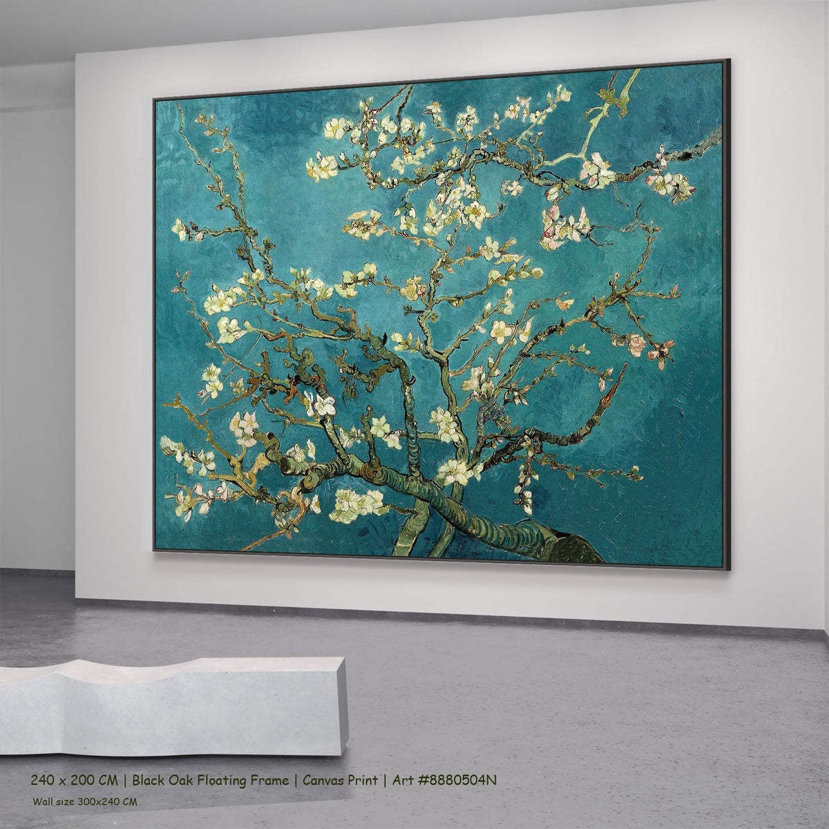 Almond Blossom by Vincent van Gogh in a black oak floating frame, large aqua and white Impressionist canvas