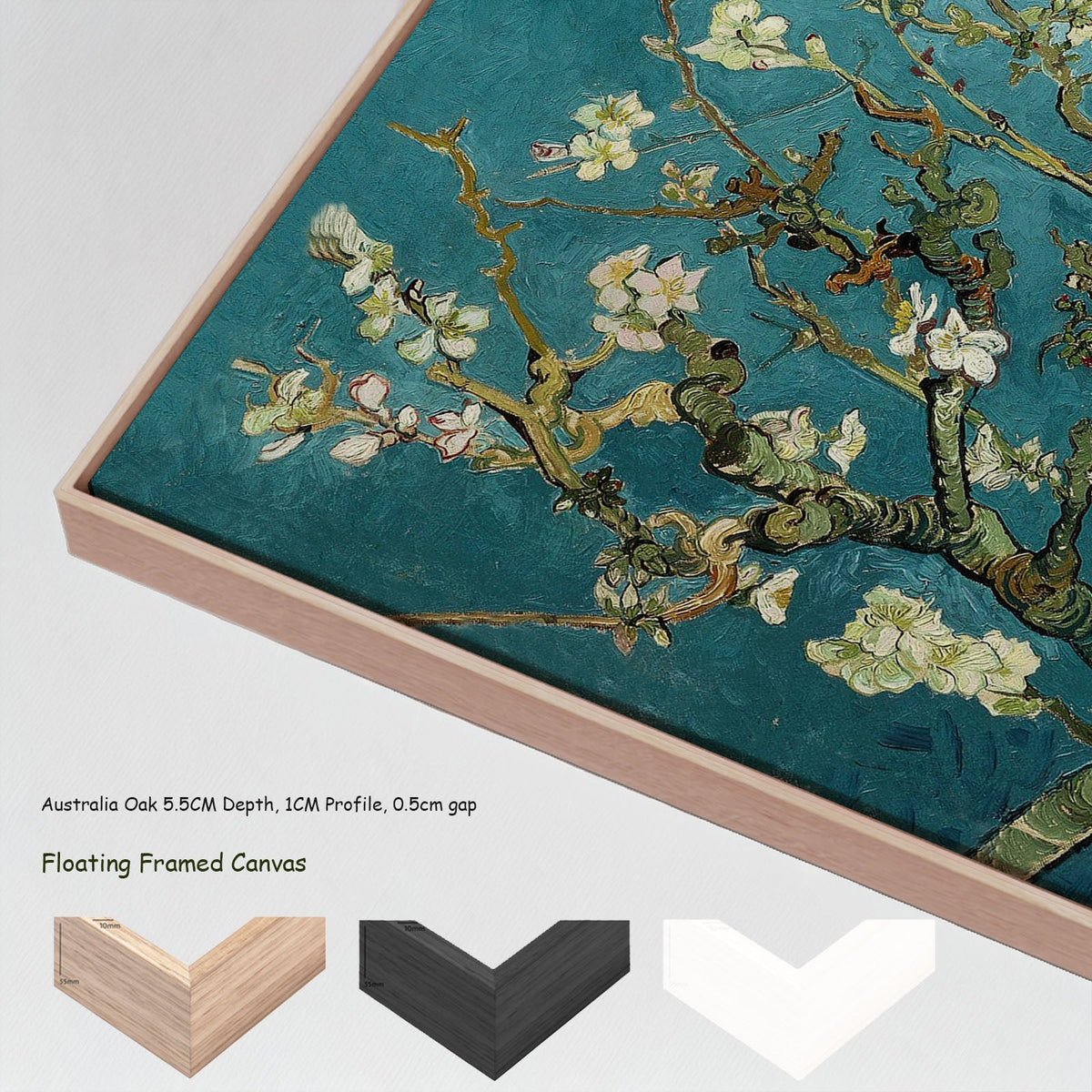 Almond Blossom by Vincent van Gogh in a floating frame, large aqua and white Impressionist canvas print