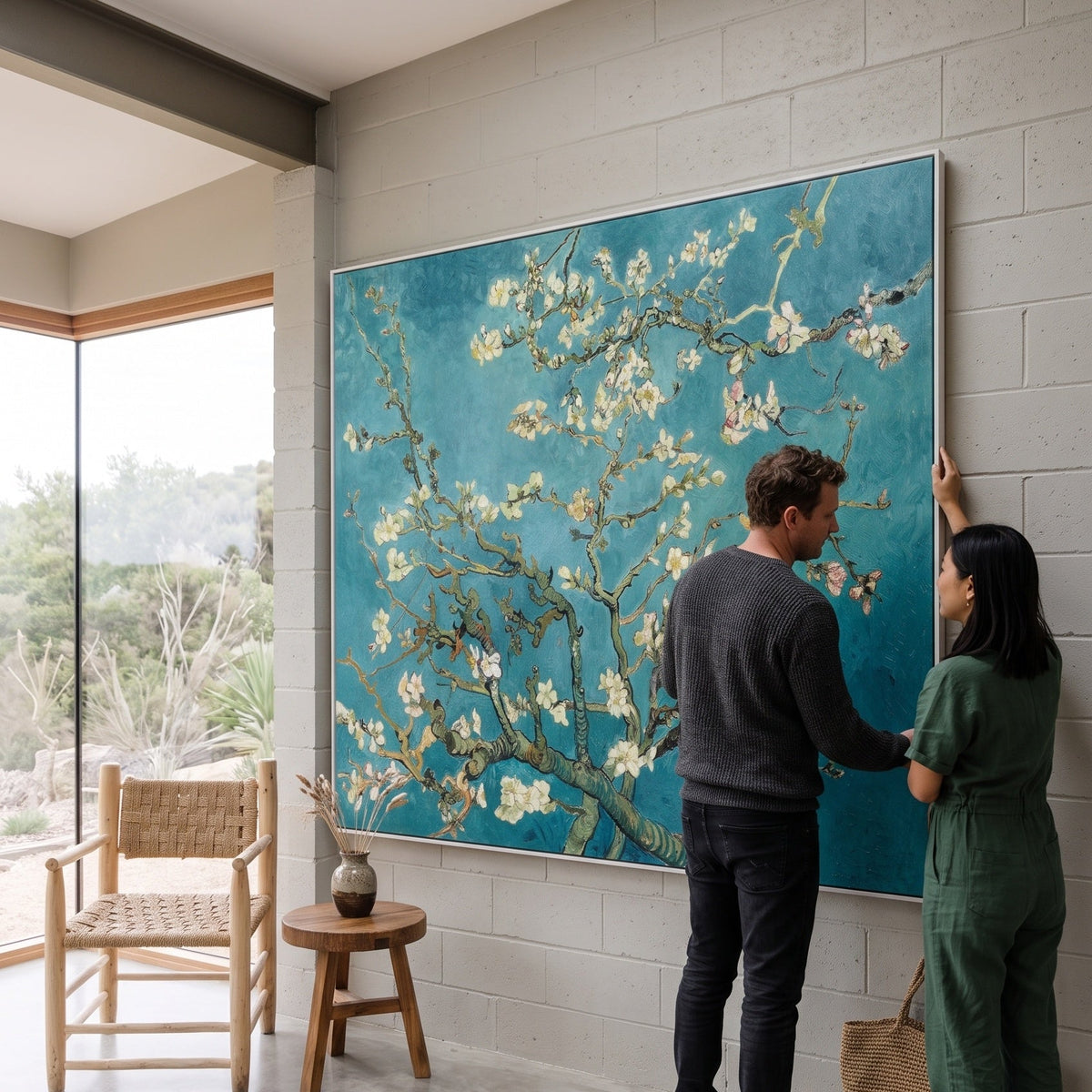 Almond Blossom by Vincent van Gogh — large aqua and white Impressionist canvas art on a living room wall