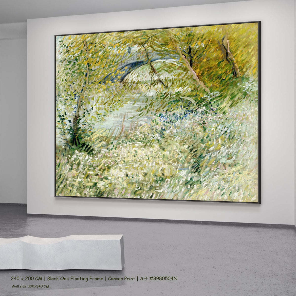 Banks of the Seine with Pont by Vincent van Gogh in a black oak floating frame, large green and white Impressionist canvas