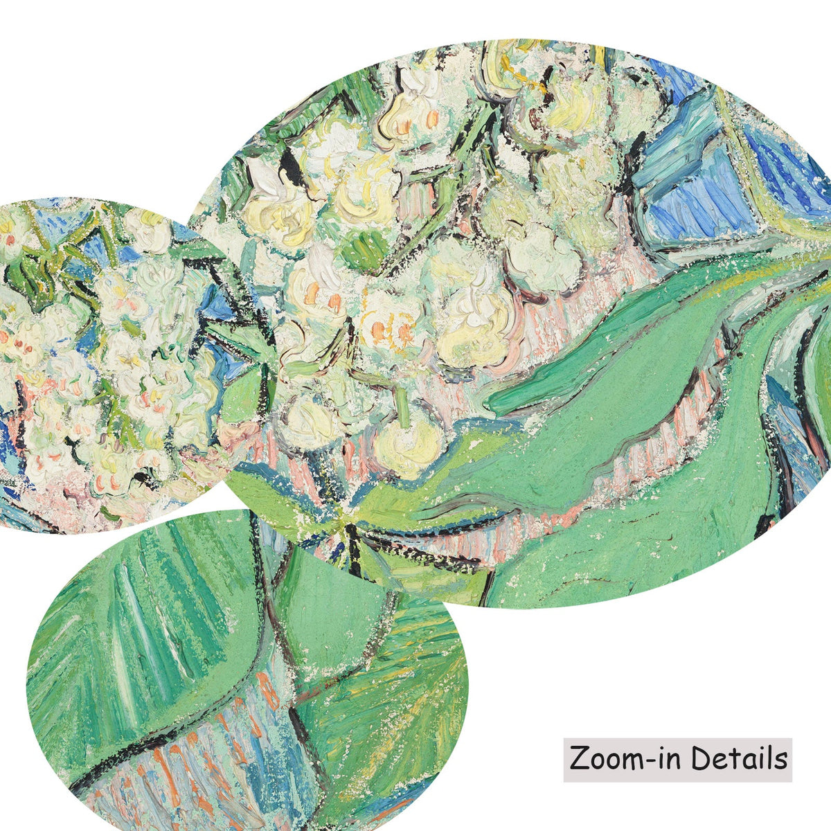 Vincent van Gogh — Close-up detail of the brushwork on Blossoming Chestnut Branches, a large green and blue Impressionist…