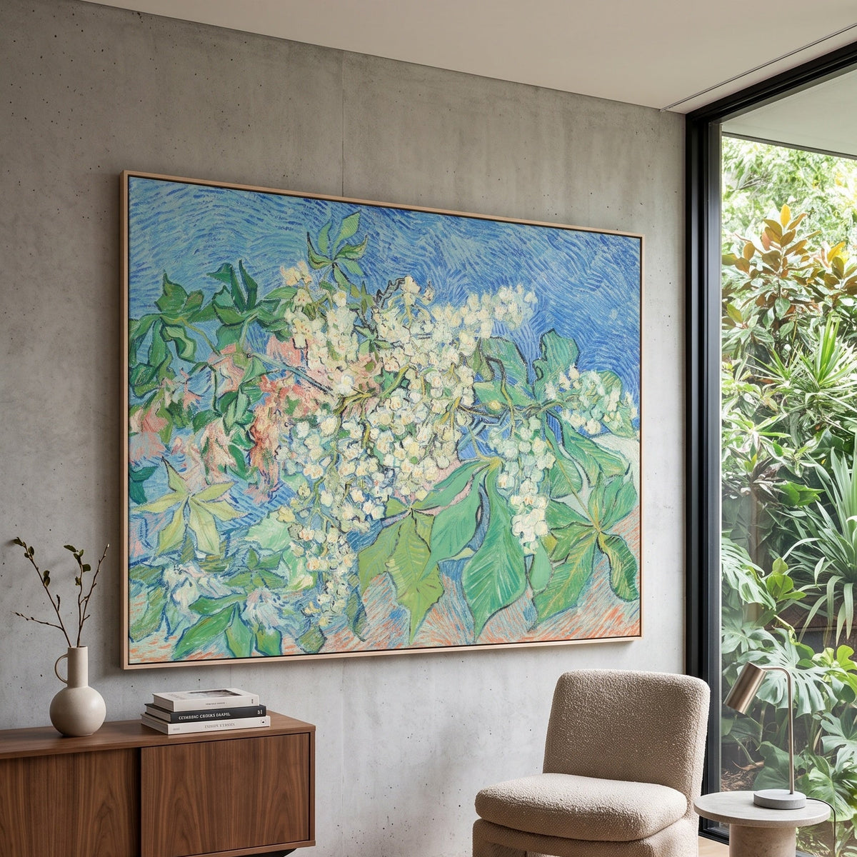 Blossoming Chestnut Branches by Vincent van Gogh — large green and blue Impressionist canvas art displayed on a wall