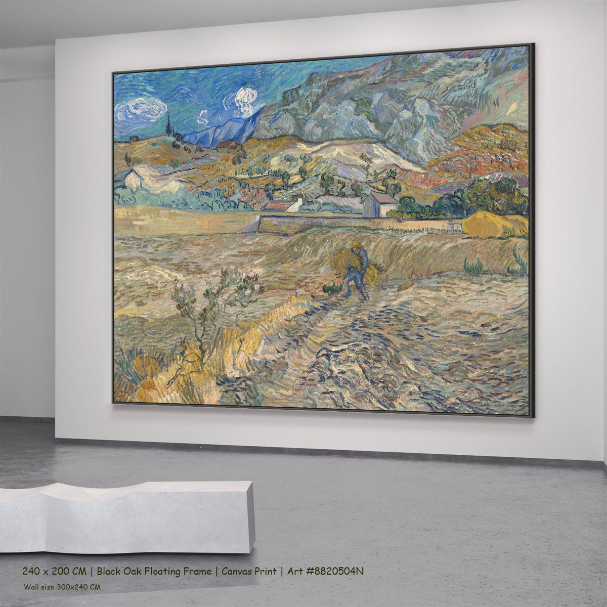 Enclosed Field with Peasant by Vincent van Gogh in a black oak floating frame, large gold and grey Impressionist canvas