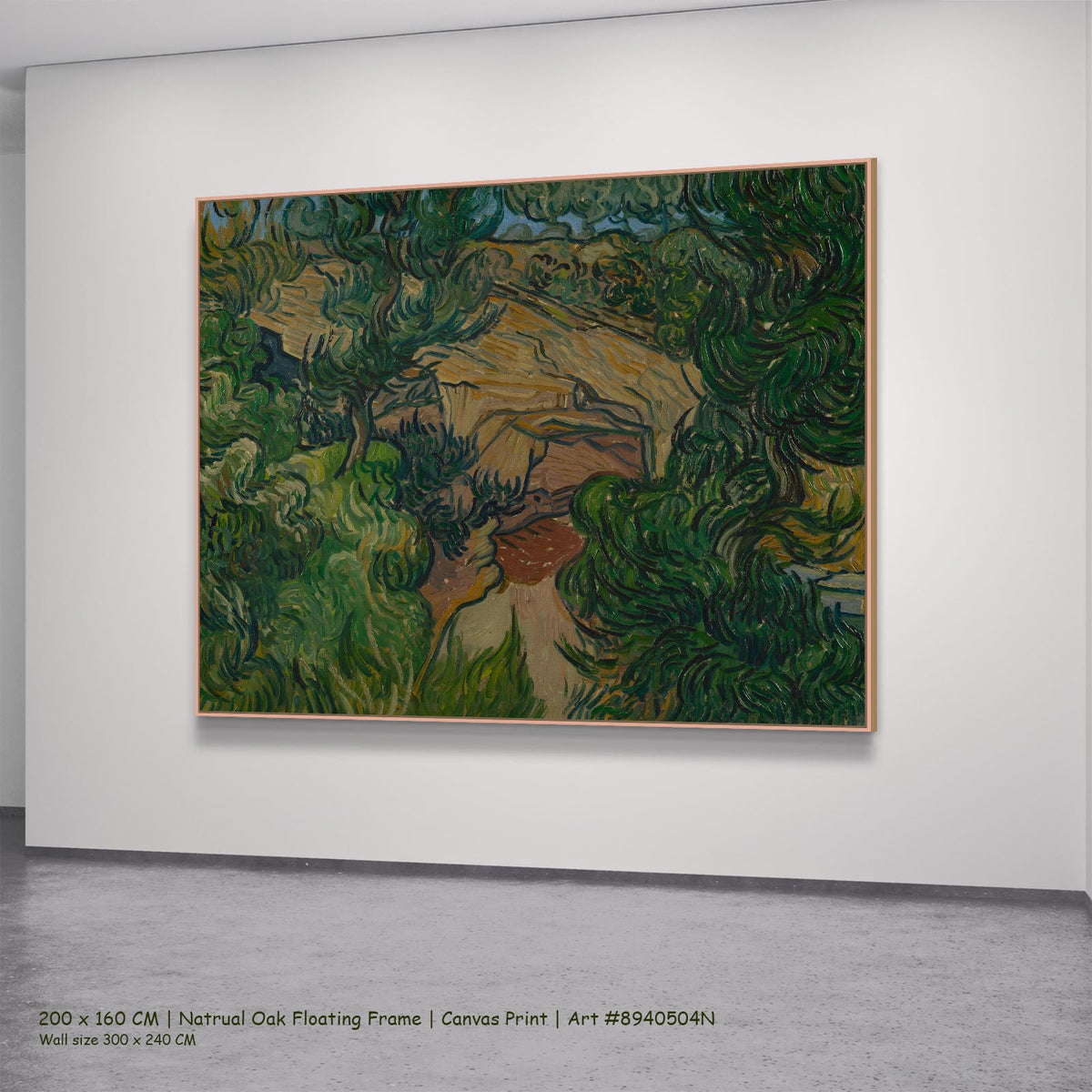 Entrance to a Quarry by Vincent van Gogh in a natural oak floating frame, large green and brown Impressionist canvas