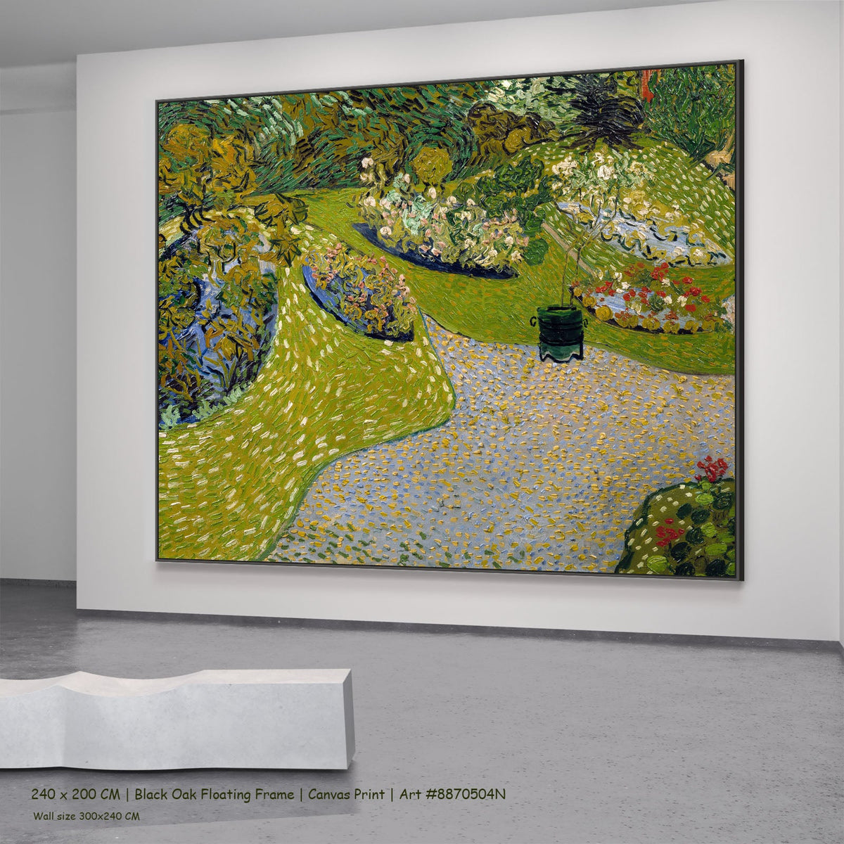 Garden in Auvers by Vincent van Gogh in a black oak floating frame, large green and blue Impressionist canvas