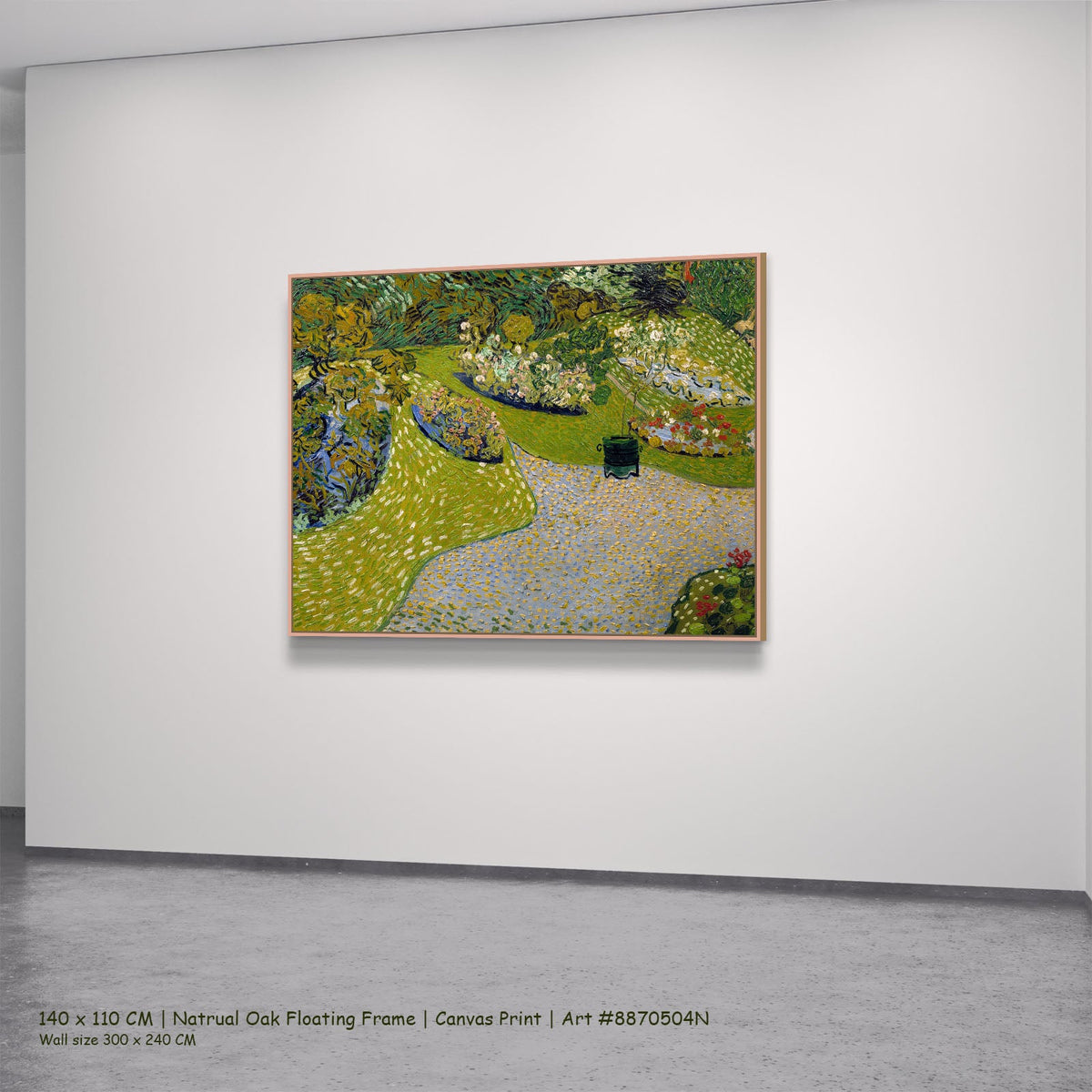 Garden in Auvers by Vincent van Gogh in a natural oak floating frame, large green and blue Impressionist canvas