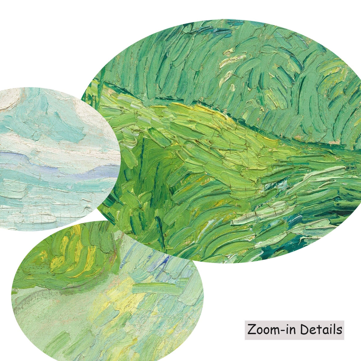 Vincent van Gogh — Close-up detail of the brushwork on Green Wheat Fields, Auvers, a large green and white Impressionist…