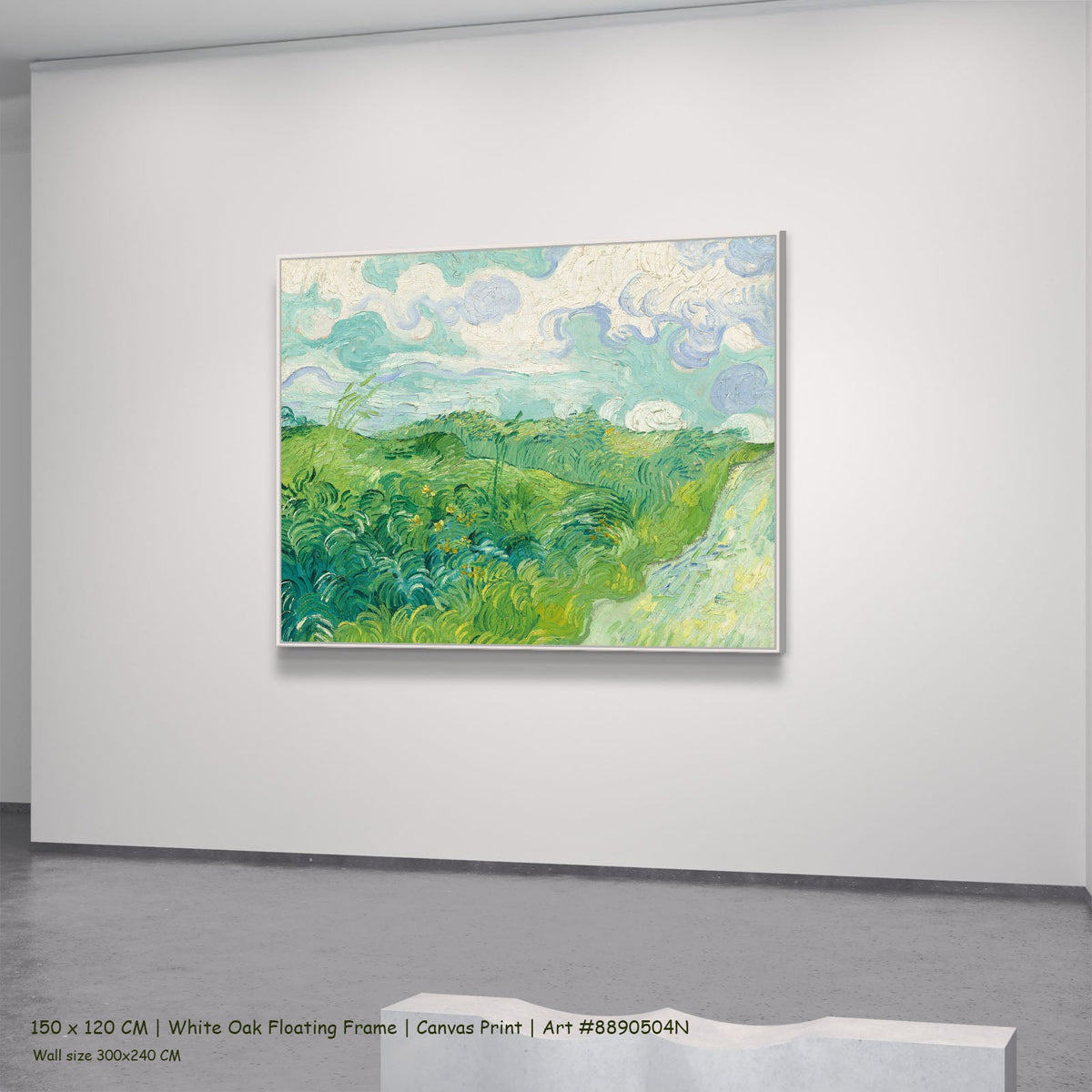 Green Wheat Fields, Auvers by Vincent van Gogh in a white oak floating frame, large green and white Impressionist canvas