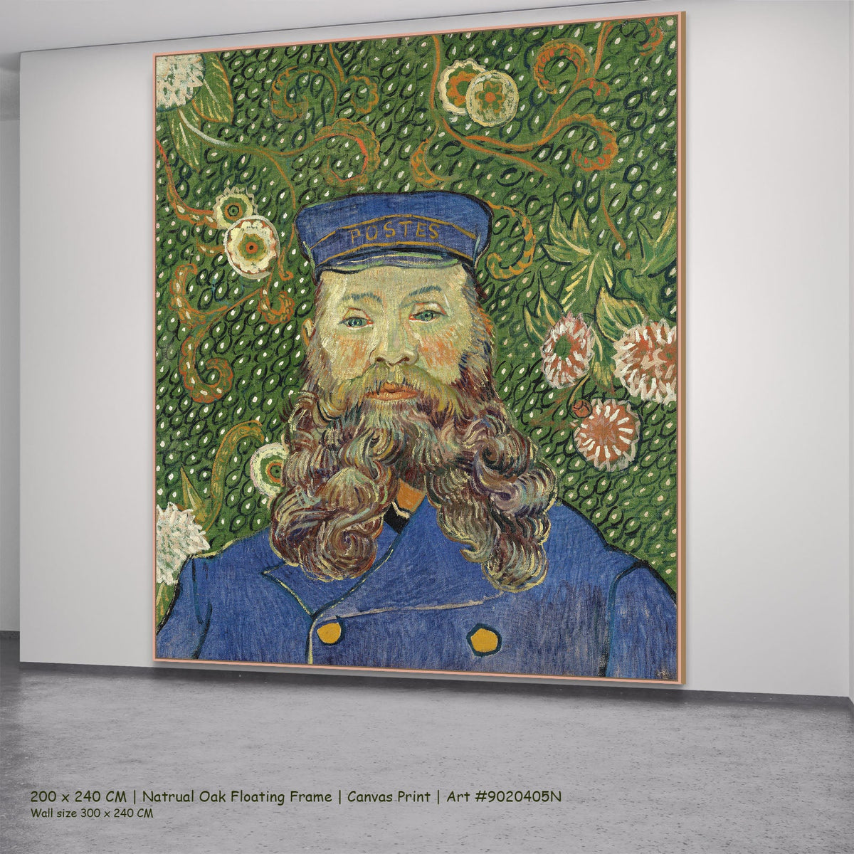 Portrait of Joseph Roulin by Vincent van Gogh in a natural oak floating frame, large green and blue Impressionist canvas