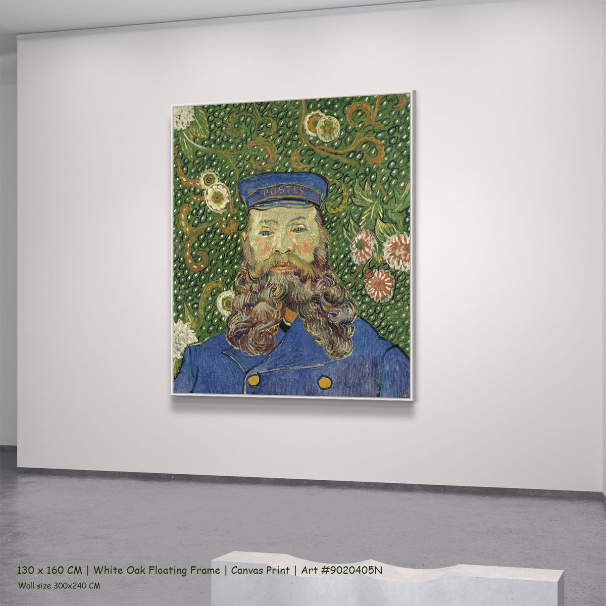 Portrait of Joseph Roulin by Vincent van Gogh in a white oak floating frame, large green and blue Impressionist canvas