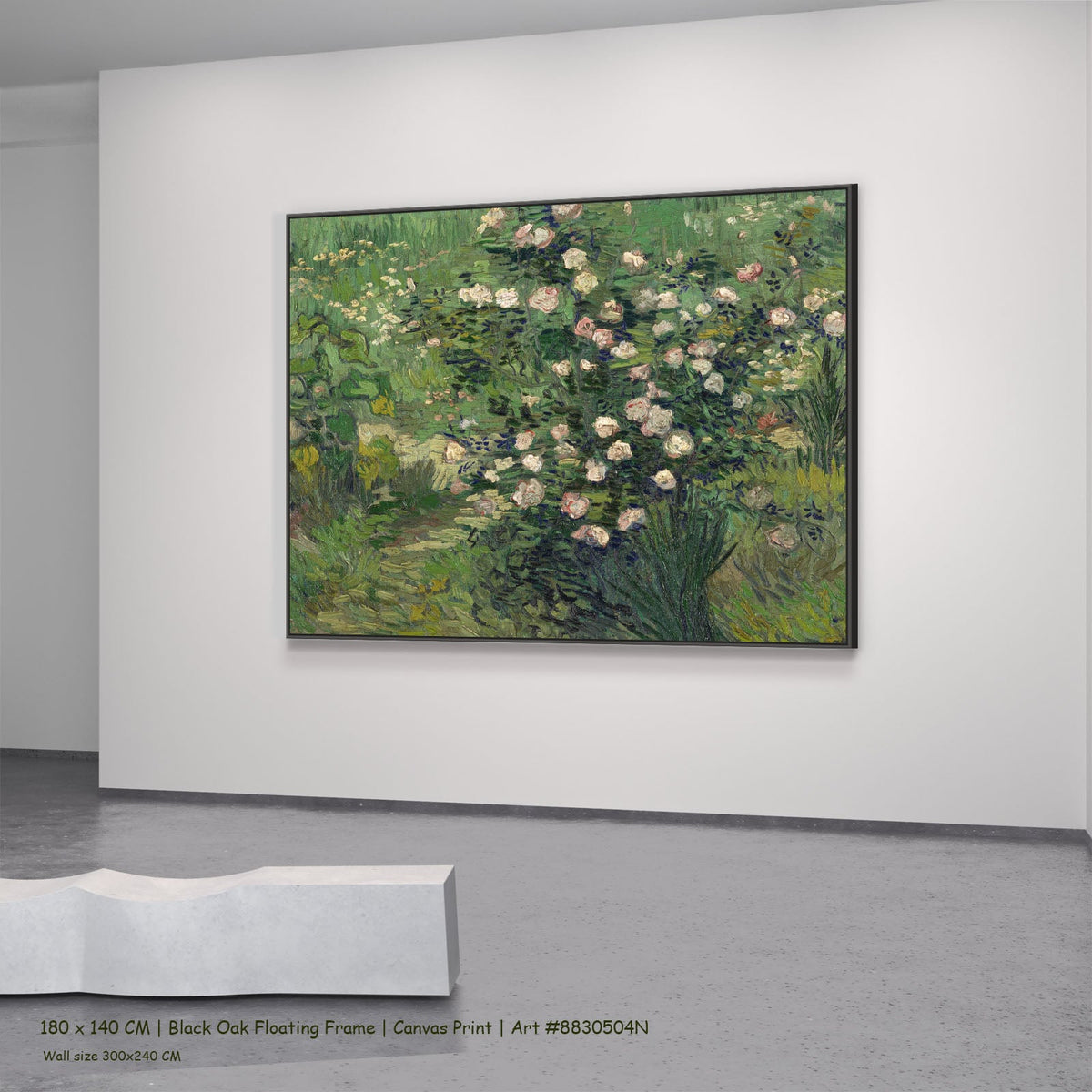 Roses by Vincent van Gogh in a black oak floating frame, large green and pink Impressionist canvas