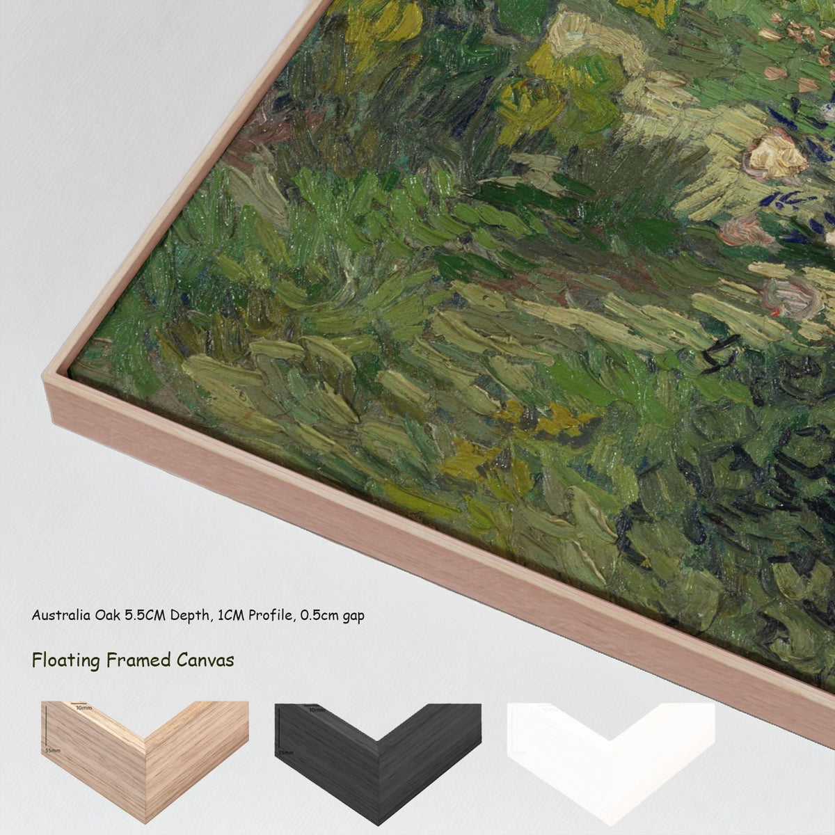 Roses by Vincent van Gogh in a floating frame, large green and pink Impressionist canvas print