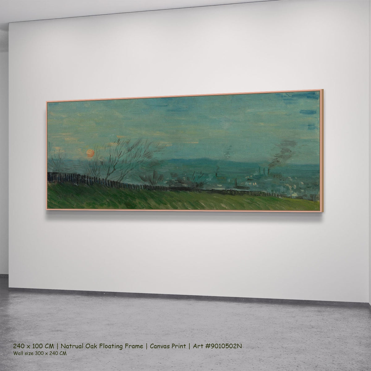 Sunset in Montmartre by Vincent van Gogh in a natural oak floating frame, large blue and green Impressionist canvas