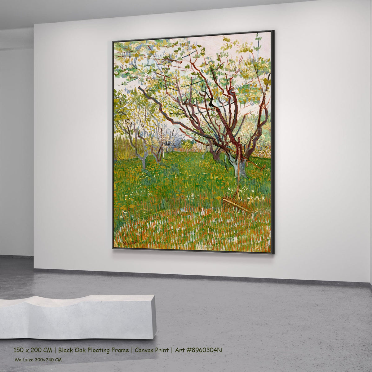 The Flowering Orchard by Vincent van Gogh in a black oak floating frame, large green and white Impressionist canvas