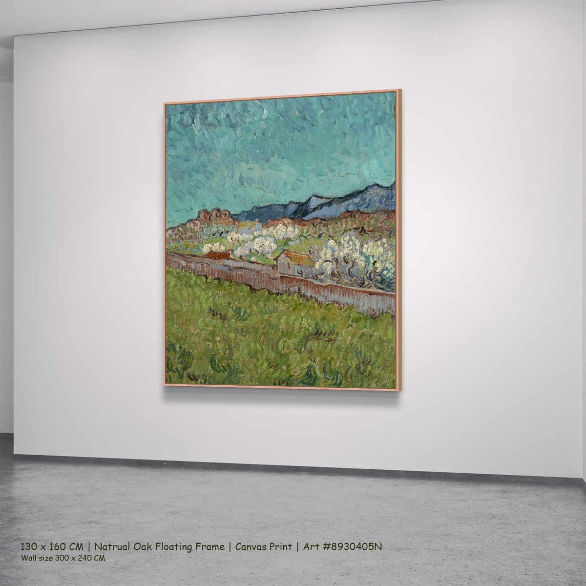 View of the Alpilles by Vincent van Gogh in a natural oak floating frame, large aqua and green Impressionist canvas