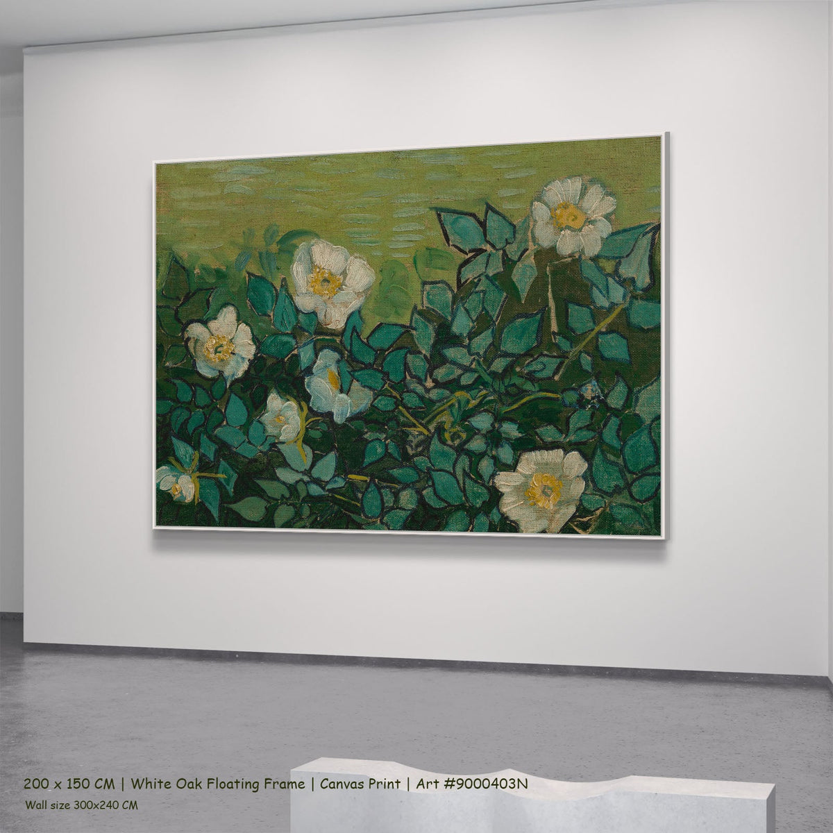 Wild Roses by Vincent van Gogh in a white oak floating frame, large green and olive Impressionist canvas
