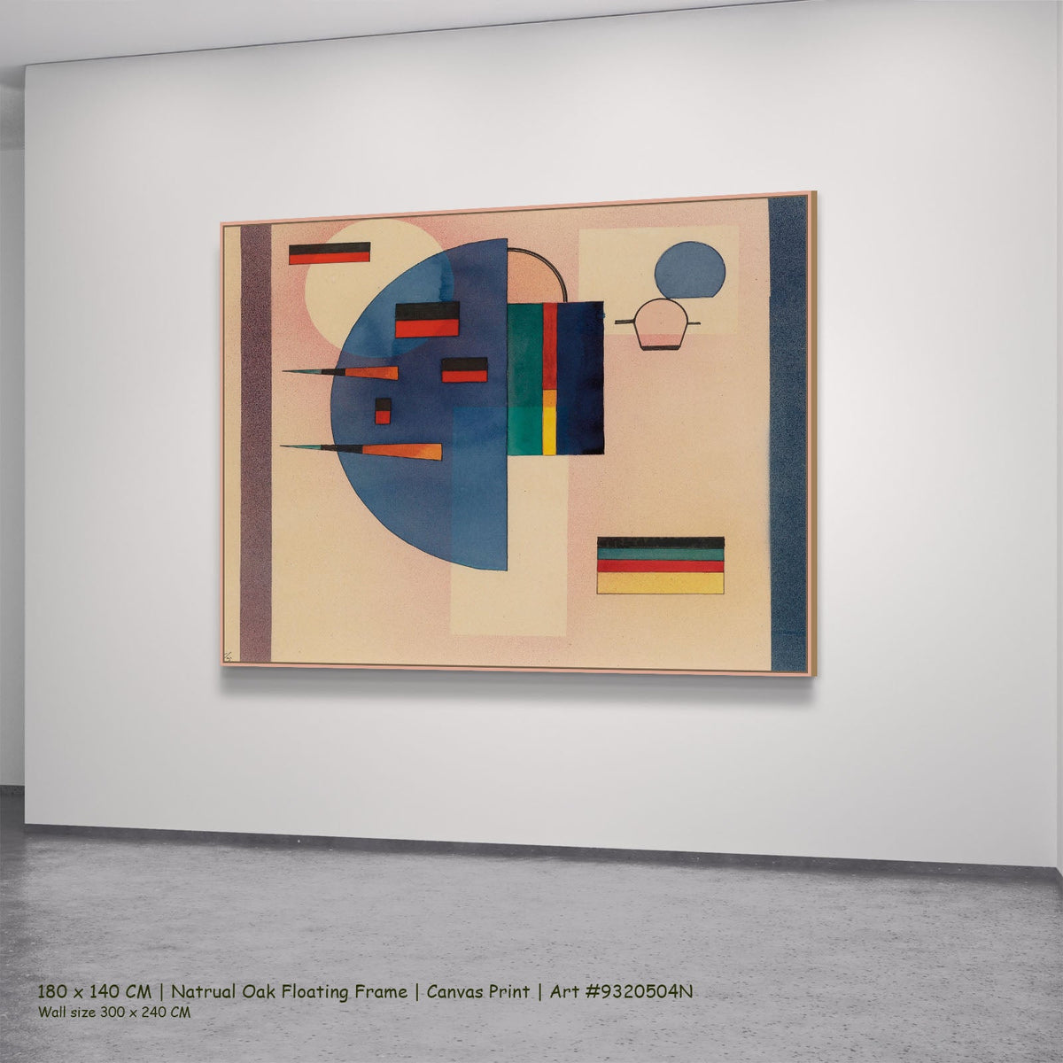 Composition with Blue Semicircle by Wassily Kandinsky in a natural oak floating frame, large blue and red Modern Abstract can