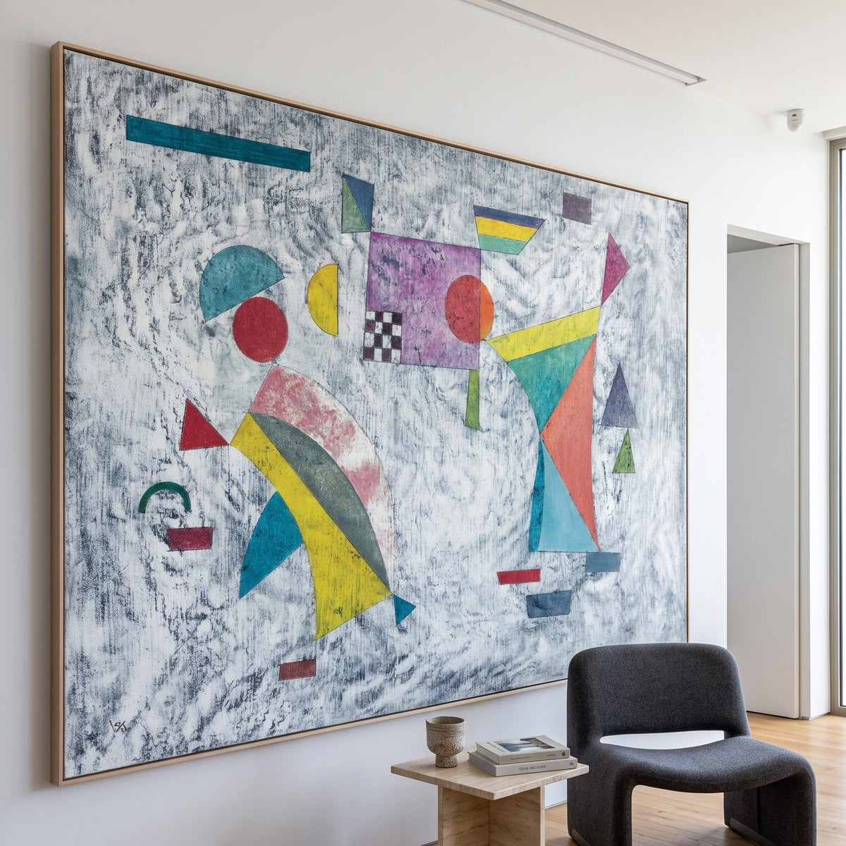 Grey Ground with Coloured Groups by Wassily Kandinsky — large blue and yellow Modern Abstract canvas art on a living room wal