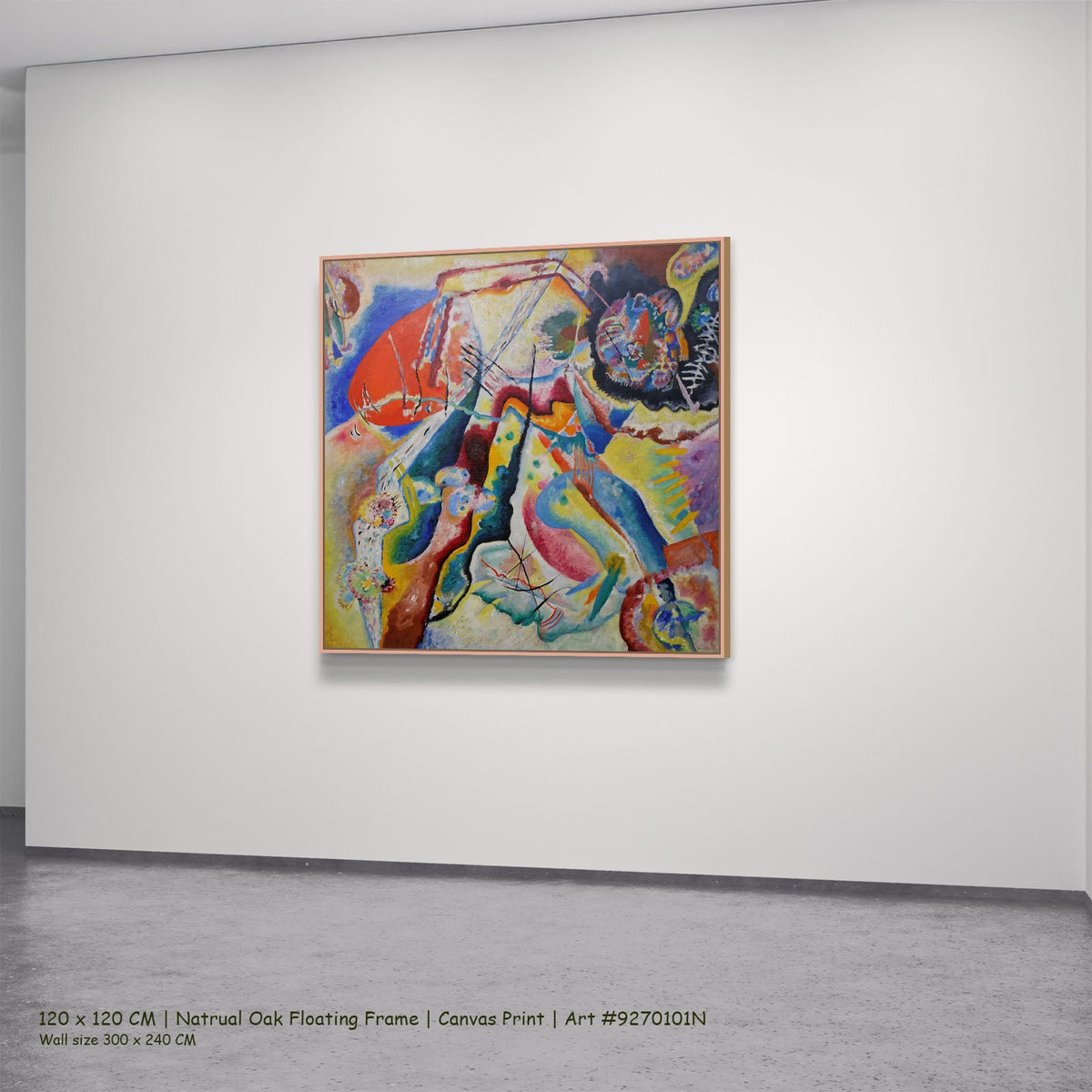 Painting with Red Spot by Wassily Kandinsky in a natural oak floating frame, large red and blue Colourful Abstract canvas