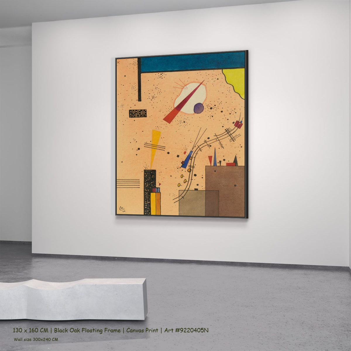 Speckled Ground with Buildings by Wassily Kandinsky in a black oak floating frame, large gold and blue Geometric Abstract can