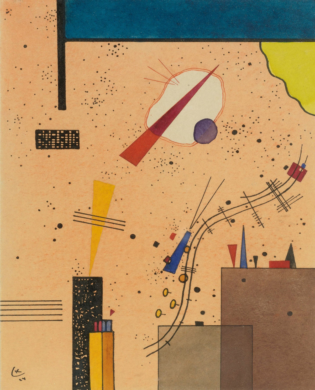 Large gold and blue Geometric Abstract canvas print of Speckled Ground with Buildings by Wassily Kandinsky