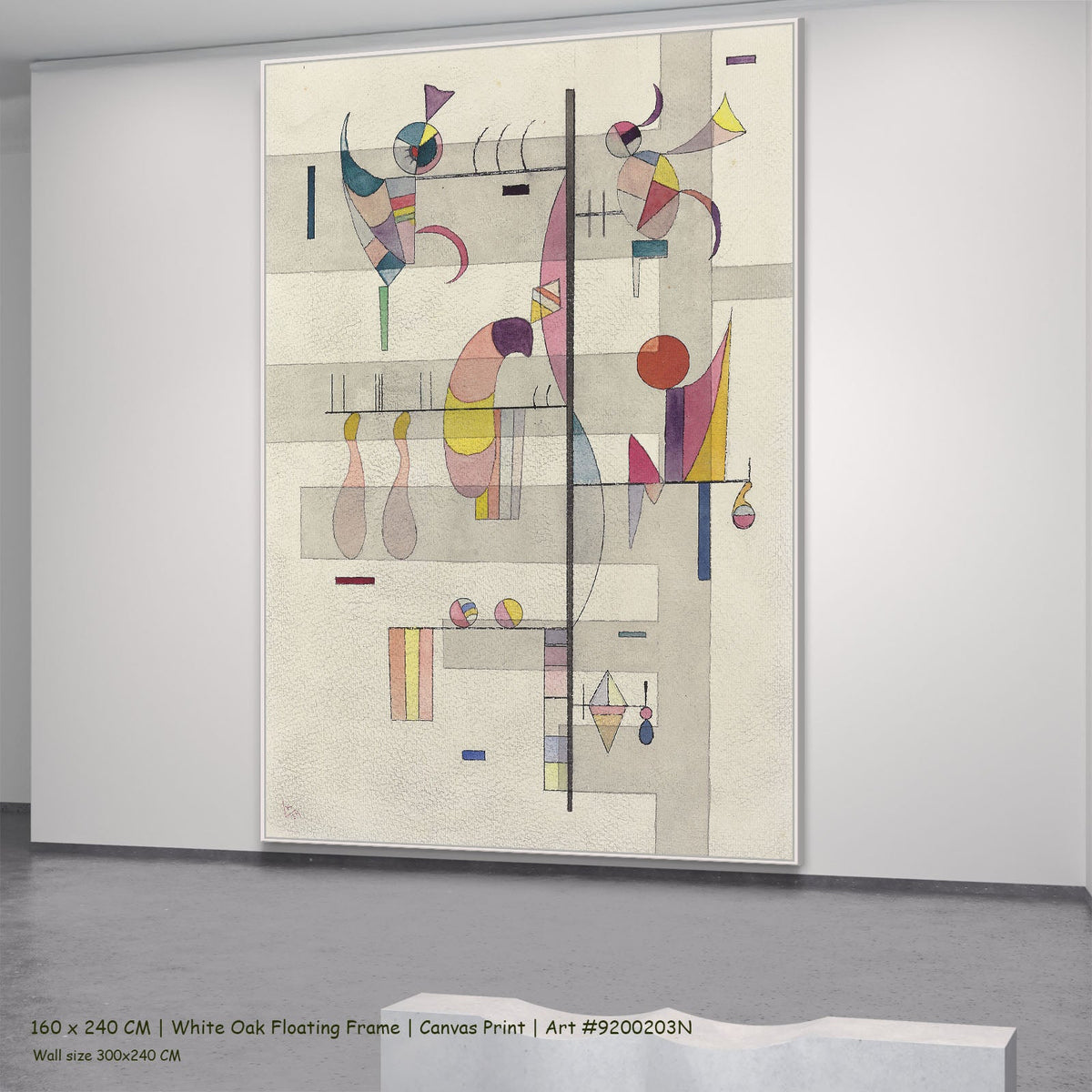 Vertical Axis with Pastel Forms by Wassily Kandinsky in a white oak floating frame, large white and grey Modern Abstract canv