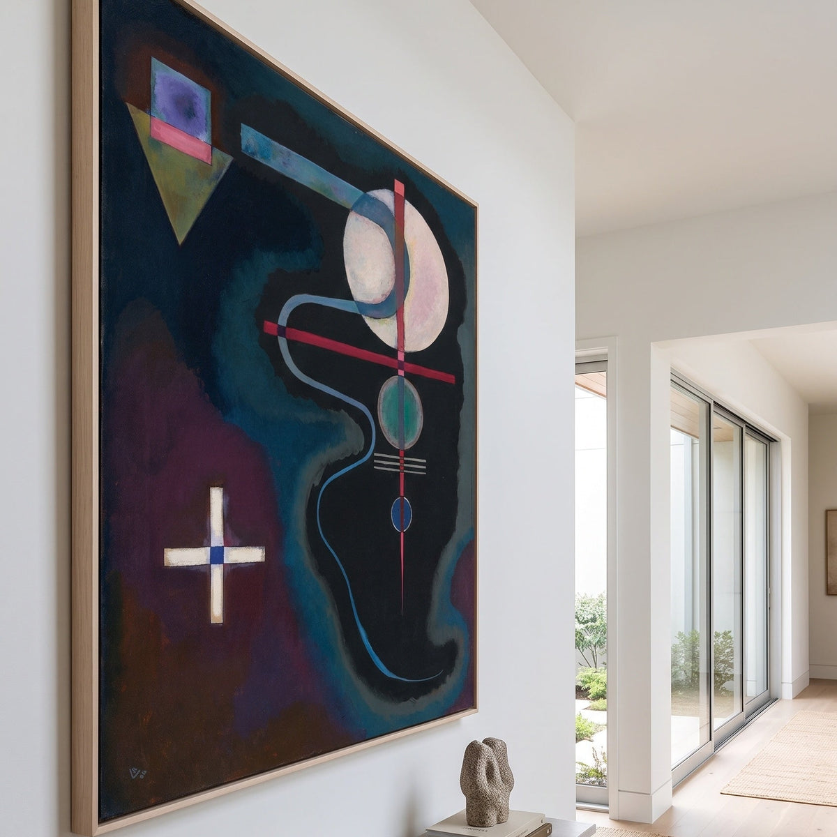 White Cross by Wassily Kandinsky — large blue and black Modern Abstract canvas art on a entryway wall