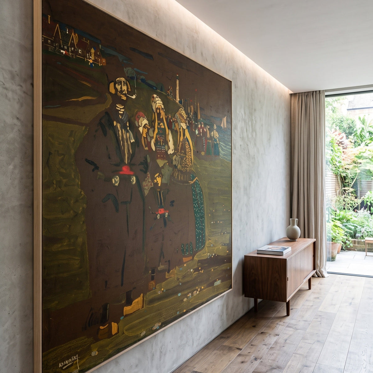 Women on the Shore by Wassily Kandinsky — large brown and olive Colourful Abstract canvas art displayed on a wall