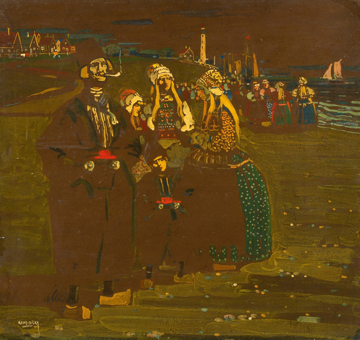 Large brown and olive Colourful Abstract canvas print of Women on the Shore by Wassily Kandinsky