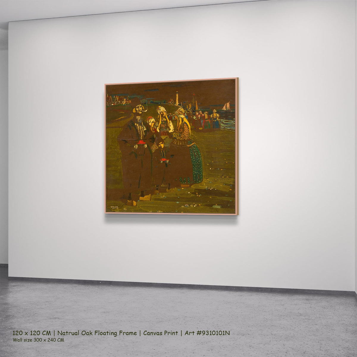 Women on the Shore by Wassily Kandinsky in a natural oak floating frame, large brown and olive Colourful Abstract canvas
