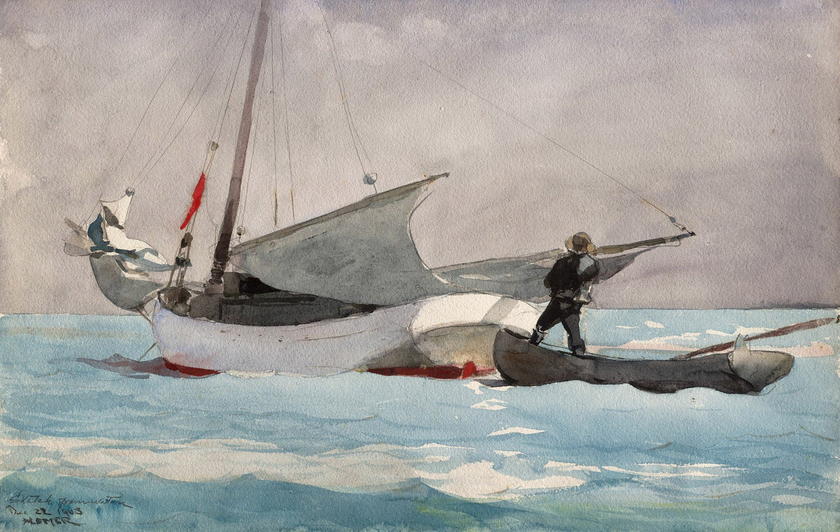 Large light blue and aqua Landscape canvas print of Stowing Sail by Winslow Homer