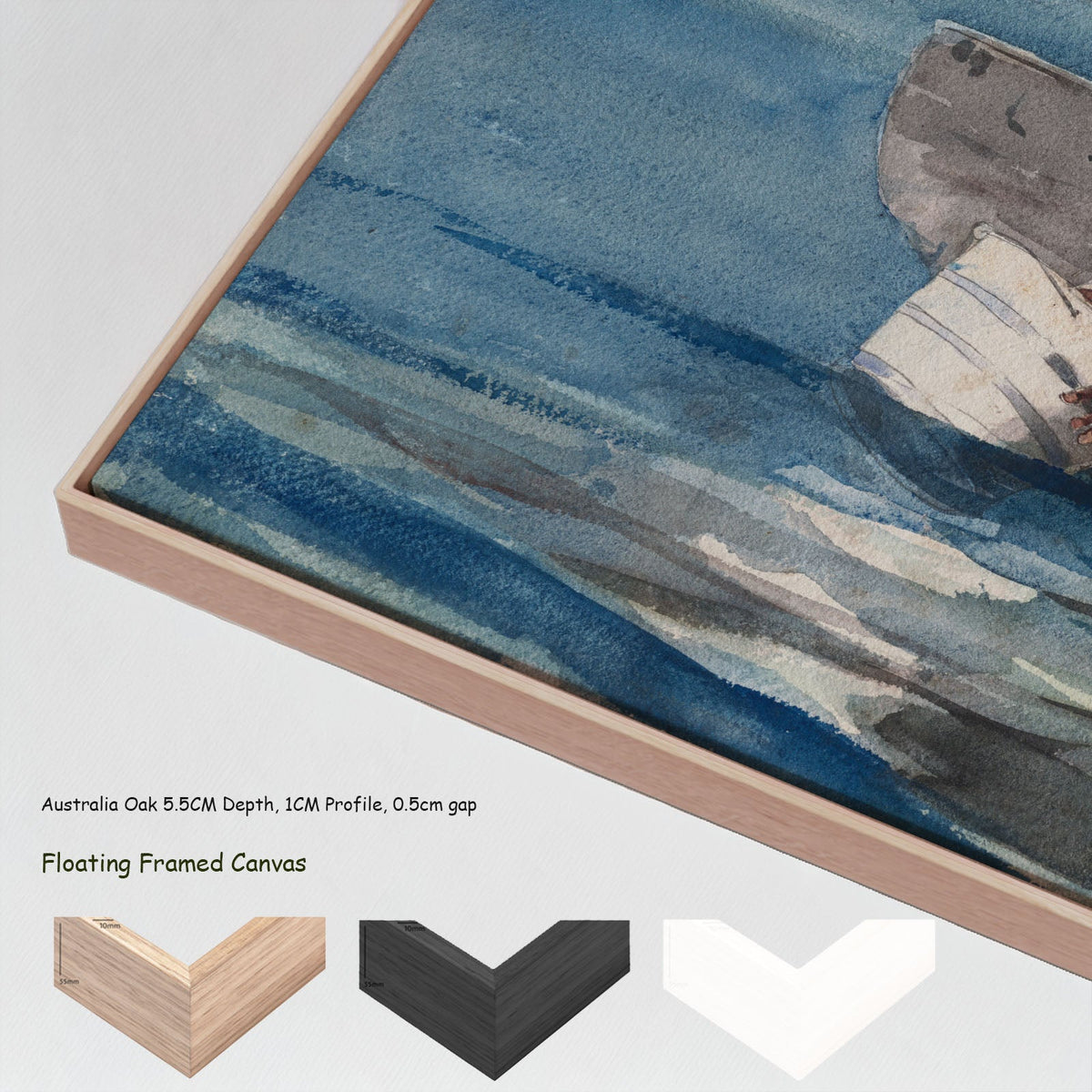 The Water Fan by Winslow Homer in a floating frame, large blue and grey Landscape canvas print
