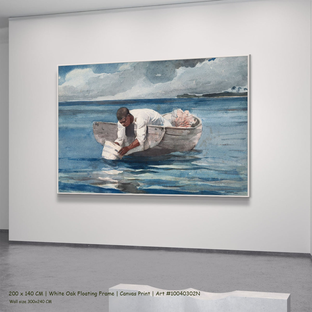 The Water Fan by Winslow Homer in a white oak floating frame, large blue and grey Landscape canvas