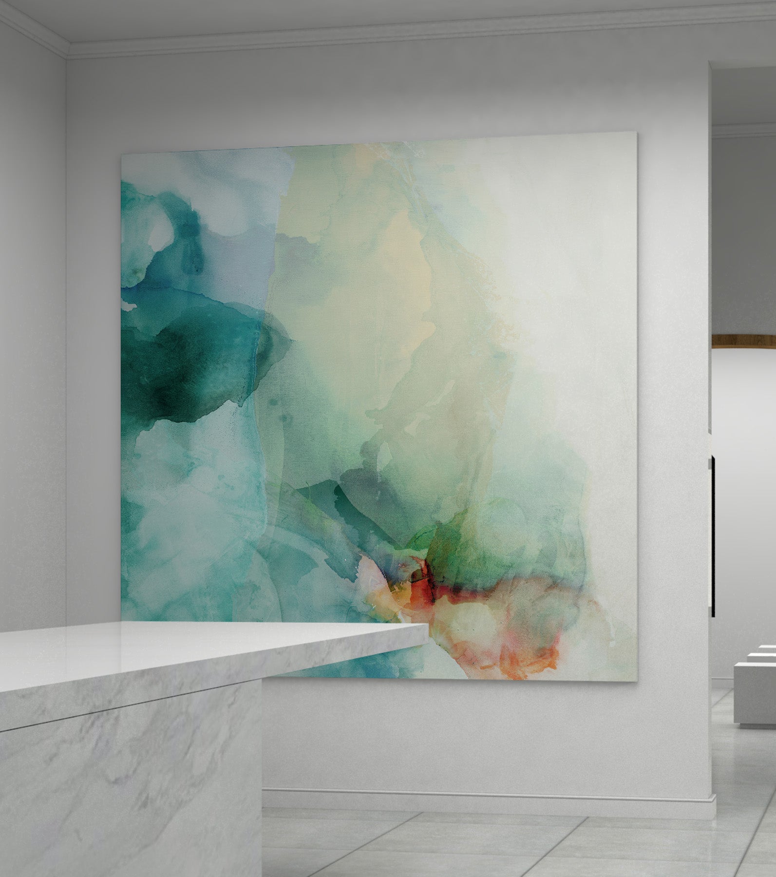 Mystic Blue Large Scale Abstract canvas wall art framed and hung on a wall