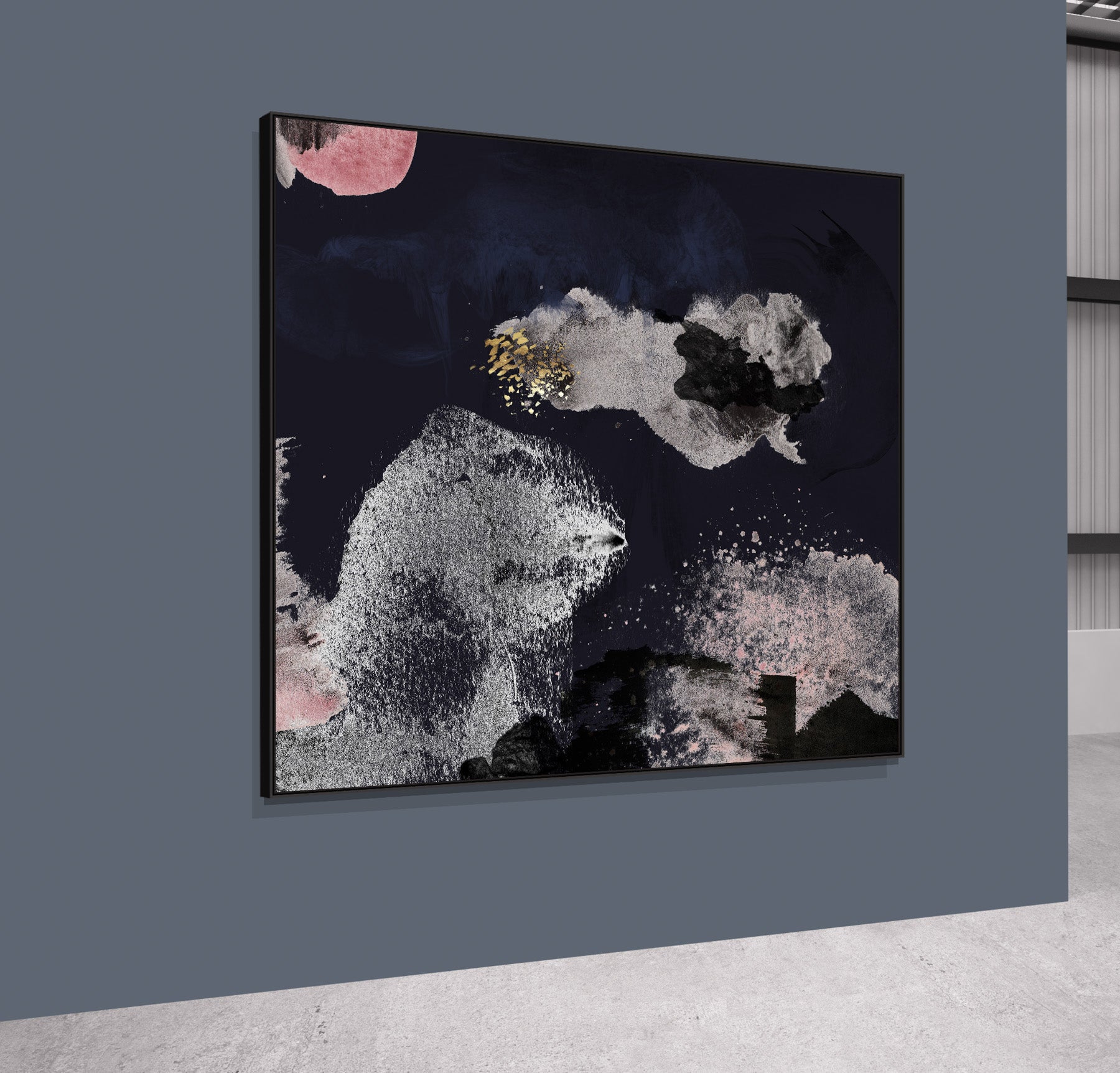 The Myth Black & White Abstract canvas wall art framed and hung on a wall