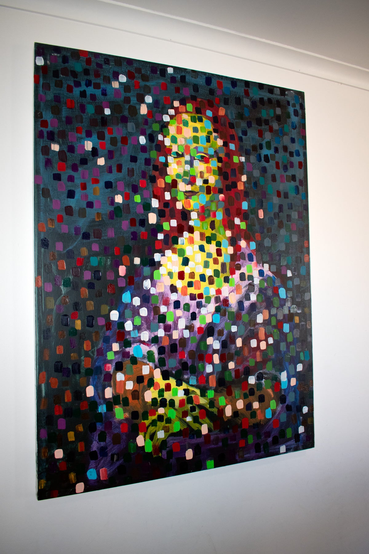 Modern Mona Lisa Extra Large Abstract Portrait canvas wall art framed and hung on a wall