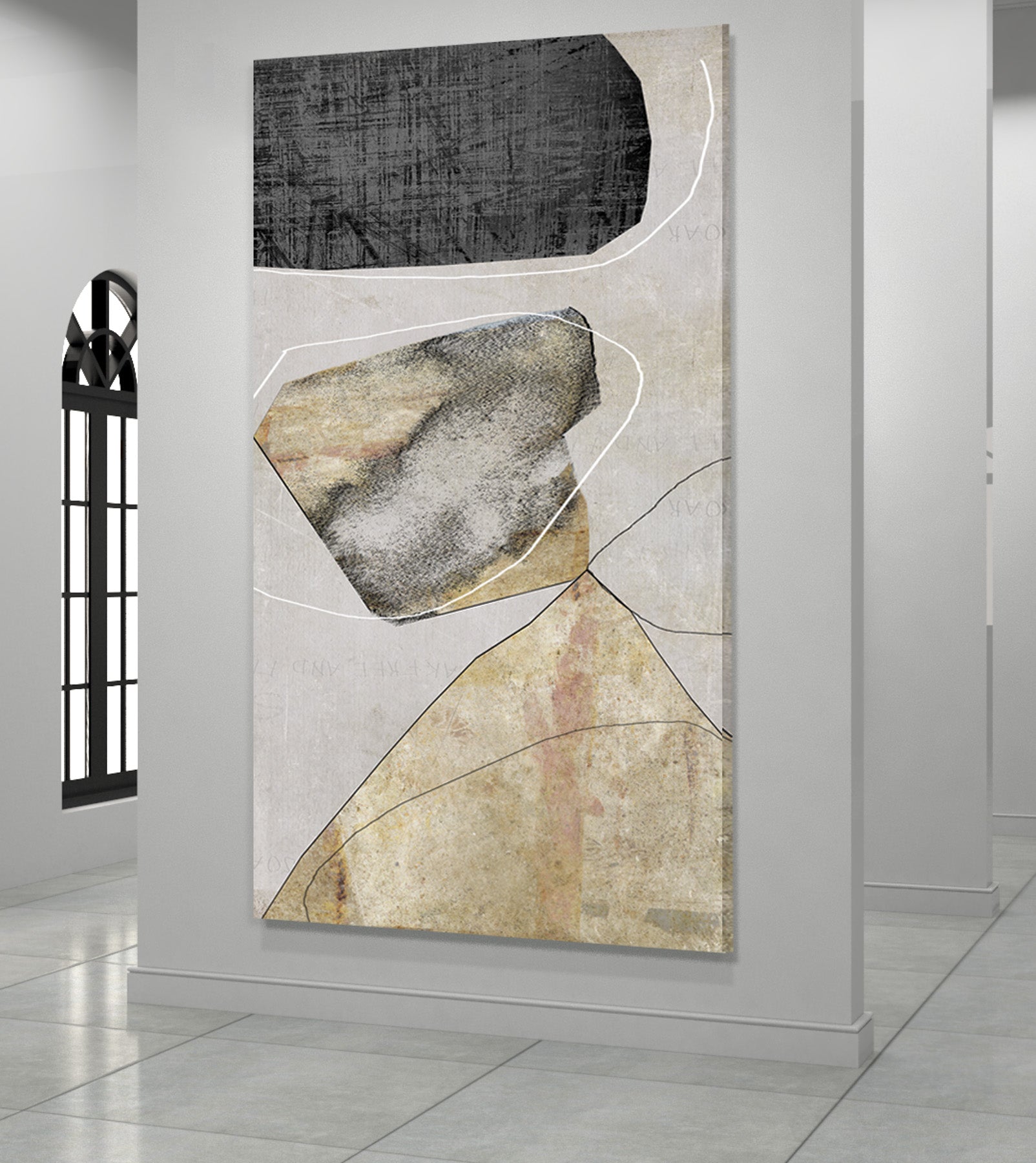 Beige Rock Tall Modern canvas wall art framed and hung on a wall