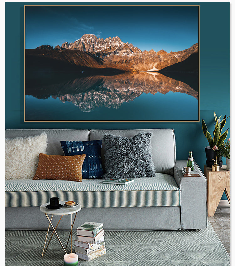 Mountain Reflection Oversized Landscape canvas wall art framed and hung on a wall