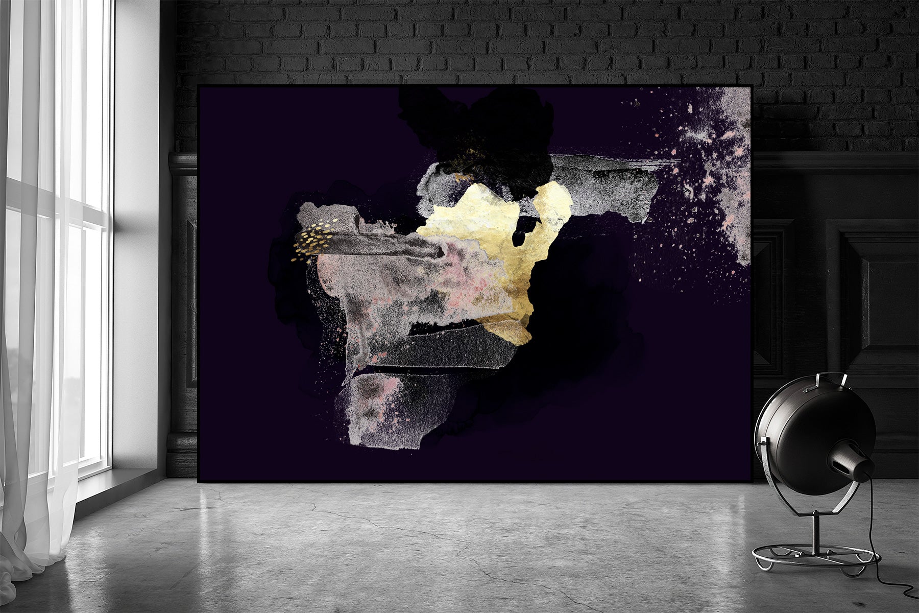 Shining Through Black & White Abstract canvas wall art framed and hung on a wall