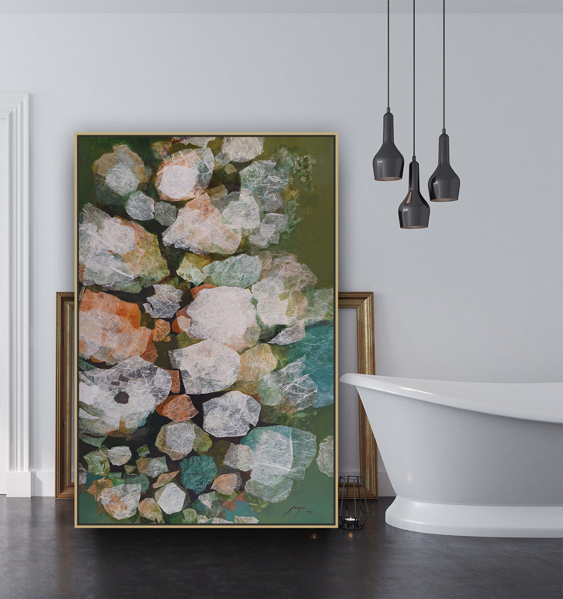 Green Stone Oversized Contemporary canvas wall art framed and hung on a wall