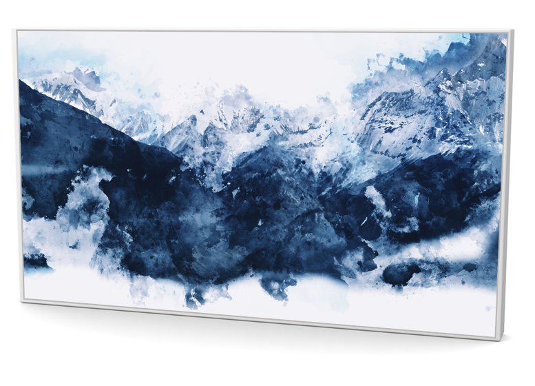 Blue Mountain Black & White Abstract canvas wall art framed and hung on a wall